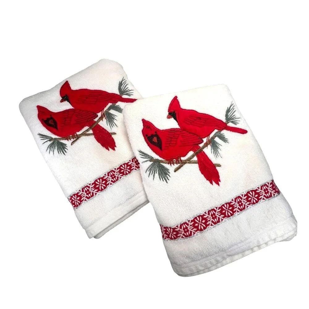 Santens Embroidered Cardinal Bath Towel Set of 2 USA Holiday Sparkle Snowflake